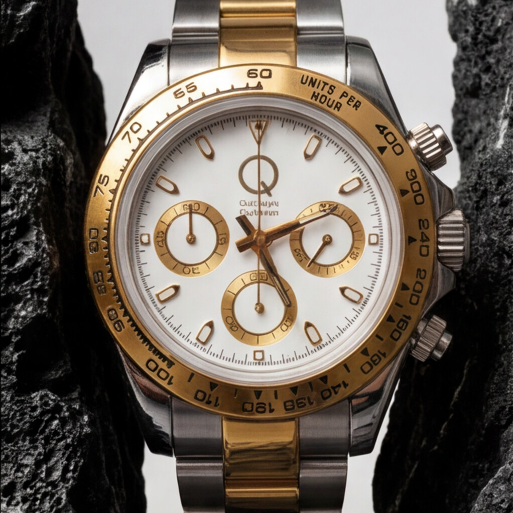 A luxury two-tone watch with a gold and stainless steel bracelet, a gold bezel, and a white dial, positioned between two dark rocks against a light gray background.