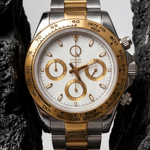 A luxury two-tone watch with a gold and stainless steel bracelet, a gold bezel, and a white dial, positioned between two dark rocks against a light gray background.