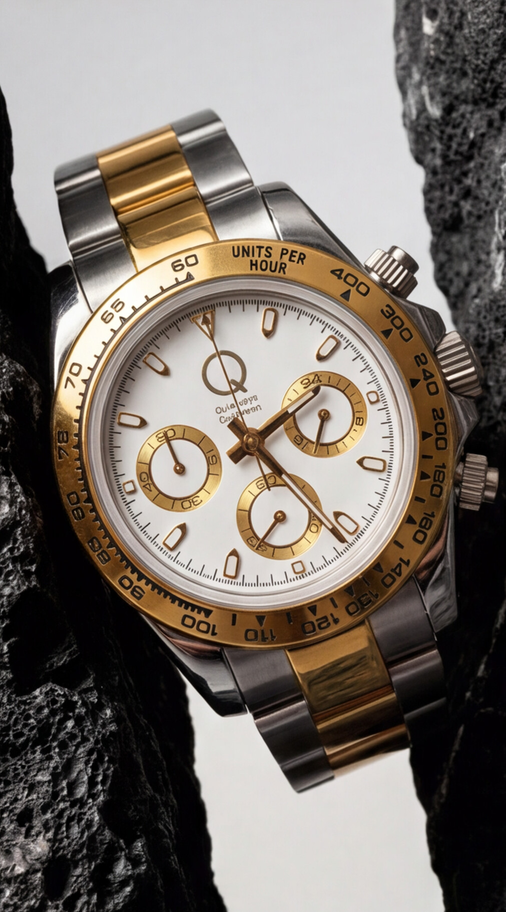 Quisqueya Caribbean: A luxury wristwatch with a two-tone silver and gold metal bracelet, a gold bezel, and a white dial with three gold chronograph subdials, shown resting between dark rocks.