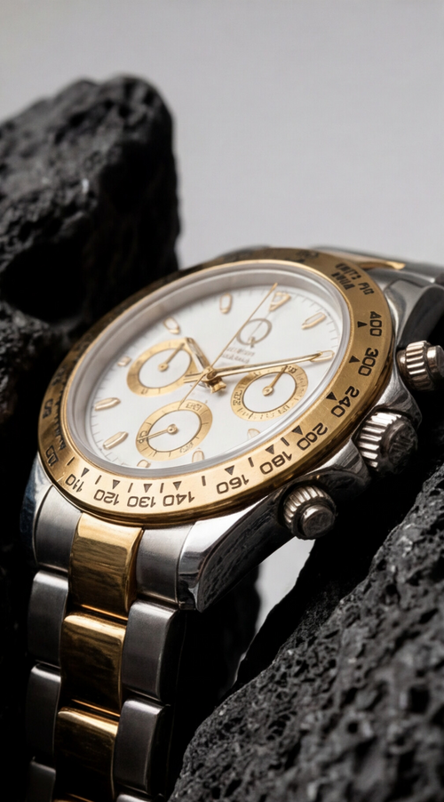 A luxury wristwatch with a two-tone silver and gold-tone metal bracelet, a gold bezel, and a white dial with gold chronograph subdials, resting on dark textured rocks.