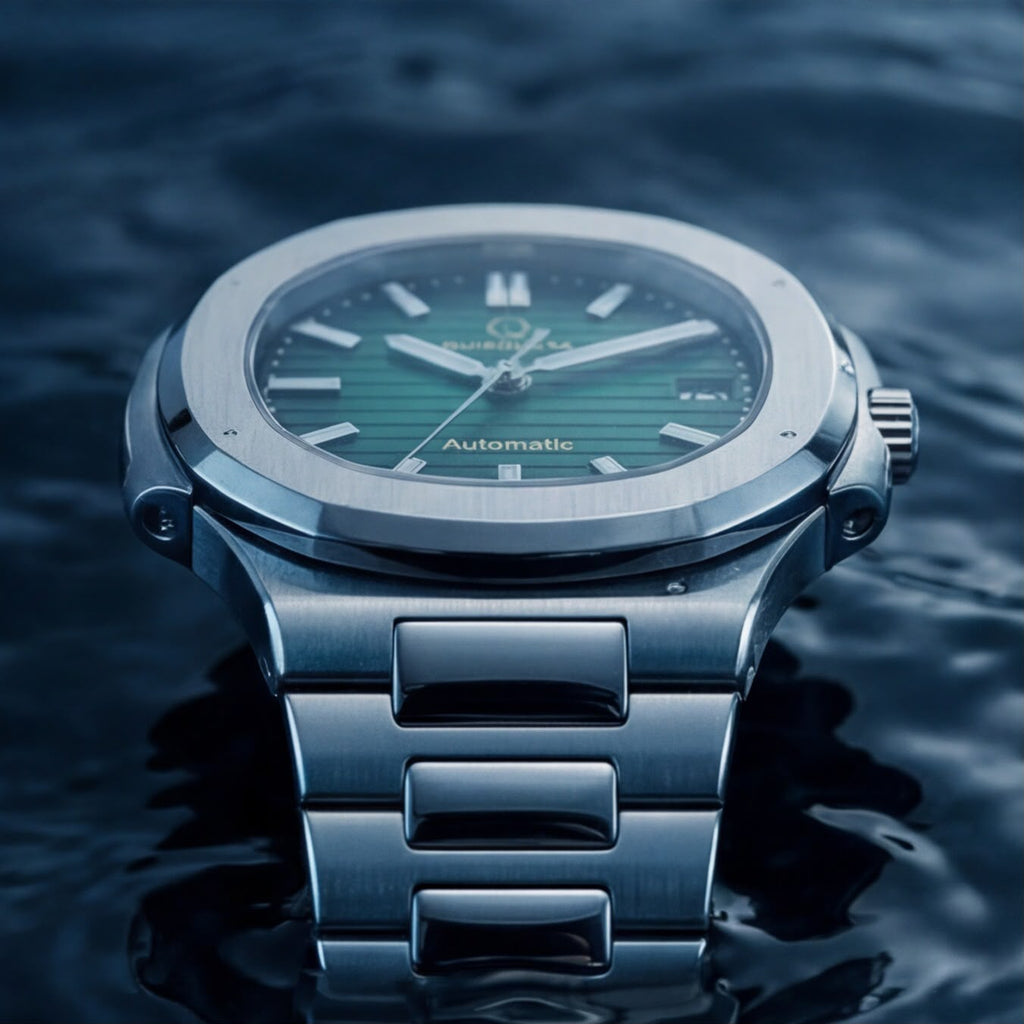 A stainless steel wristwatch with a green dial and silver-toned metal bracelet, photographed standing in dark water with ripples around it.