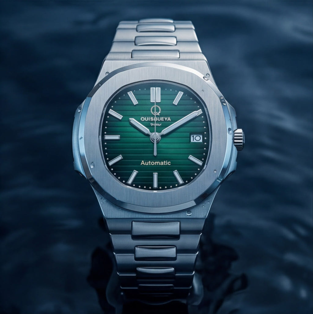 A Quisqueya Stellar automatic wristwatch with a brushed silver-tone stainless steel case and integrated bracelet, featuring a vibrant green dial and silver-tone hour markers, shown against a dark, water-textured background.